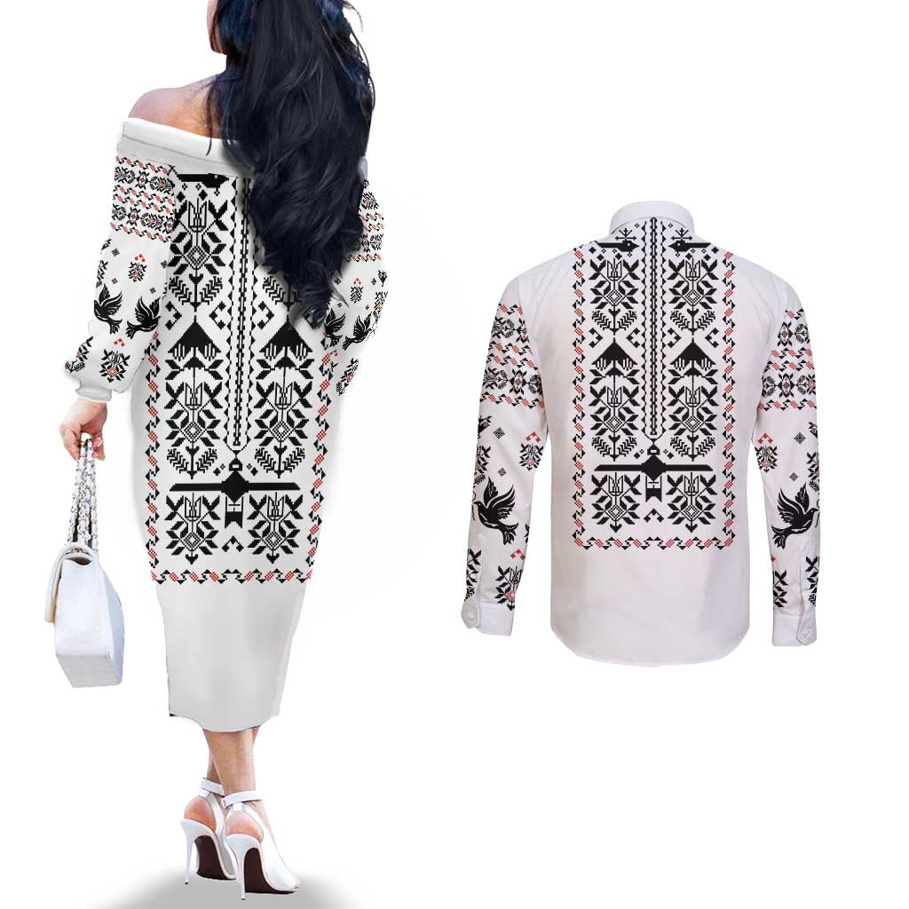 Ukraine Military Vyshyvanka Pattern Couples Matching Off The Shoulder Long Sleeve Dress and Long Sleeve Button Shirt Ukrainian Heritage White Tactical Style - Wonder Print Shop