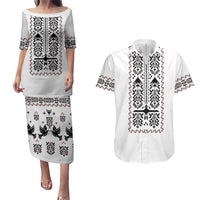 Ukraine Military Vyshyvanka Pattern Couples Matching Puletasi and Hawaiian Shirt Ukrainian Heritage White Tactical Style - Wonder Print Shop