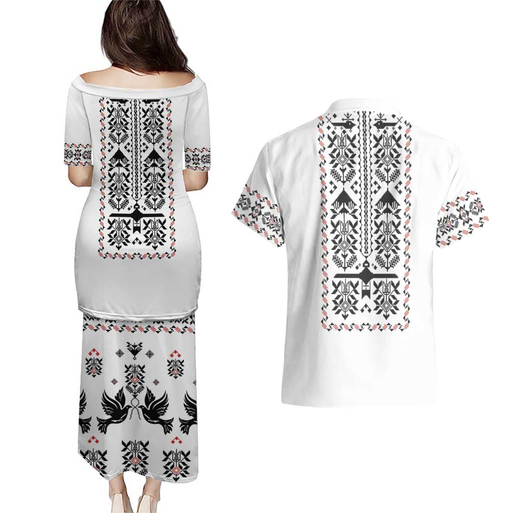 Ukraine Military Vyshyvanka Pattern Couples Matching Puletasi and Hawaiian Shirt Ukrainian Heritage White Tactical Style - Wonder Print Shop