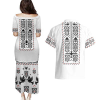 Ukraine Military Vyshyvanka Pattern Couples Matching Puletasi and Hawaiian Shirt Ukrainian Heritage White Tactical Style - Wonder Print Shop