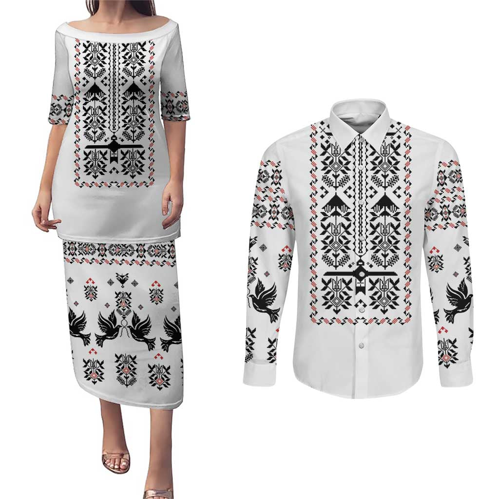 Ukraine Military Vyshyvanka Pattern Couples Matching Puletasi and Long Sleeve Button Shirt Ukrainian Heritage White Tactical Style - Wonder Print Shop