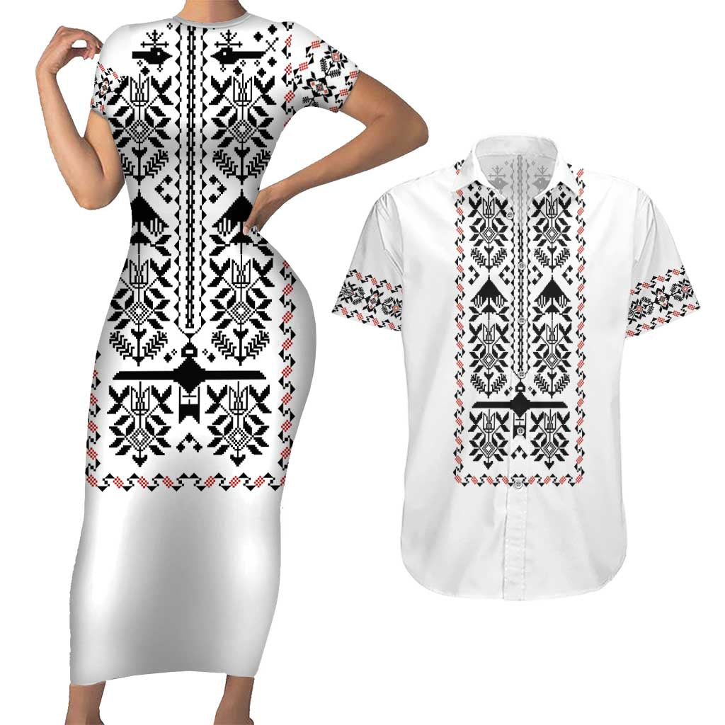 Ukraine Military Vyshyvanka Pattern Couples Matching Short Sleeve Bodycon Dress and Hawaiian Shirt Ukrainian Heritage White Tactical Style - Wonder Print Shop