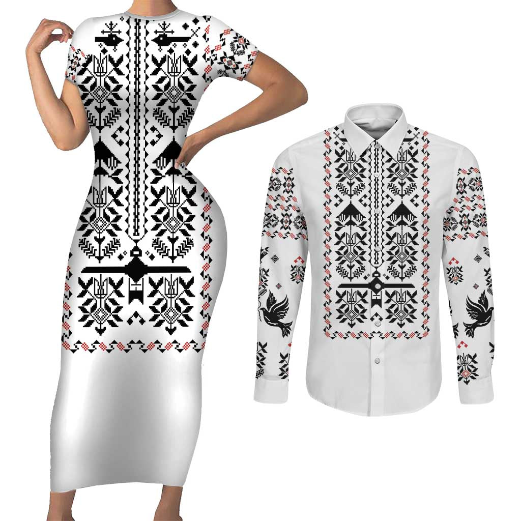 Ukraine Military Vyshyvanka Pattern Couples Matching Short Sleeve Bodycon Dress and Long Sleeve Button Shirt Ukrainian Heritage White Tactical Style - Wonder Print Shop
