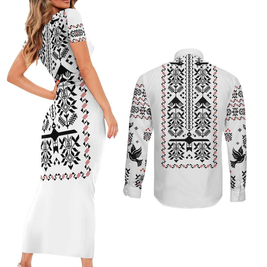 Ukraine Military Vyshyvanka Pattern Couples Matching Short Sleeve Bodycon Dress and Long Sleeve Button Shirt Ukrainian Heritage White Tactical Style - Wonder Print Shop
