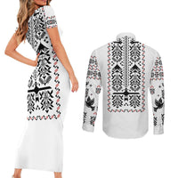 Ukraine Military Vyshyvanka Pattern Couples Matching Short Sleeve Bodycon Dress and Long Sleeve Button Shirt Ukrainian Heritage White Tactical Style - Wonder Print Shop