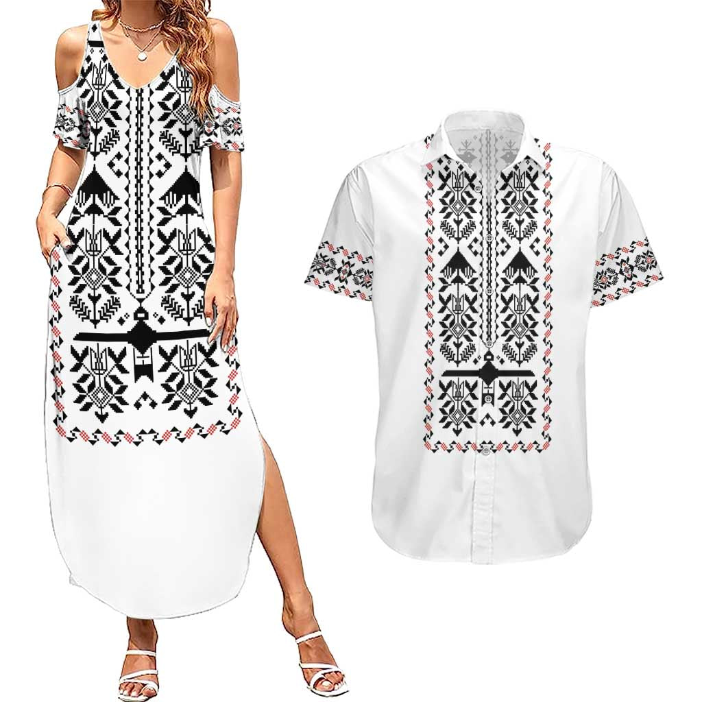 Ukraine Military Vyshyvanka Pattern Couples Matching Summer Maxi Dress and Hawaiian Shirt Ukrainian Heritage White Tactical Style - Wonder Print Shop