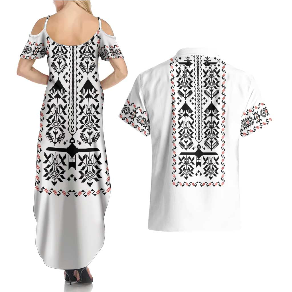 Ukraine Military Vyshyvanka Pattern Couples Matching Summer Maxi Dress and Hawaiian Shirt Ukrainian Heritage White Tactical Style - Wonder Print Shop