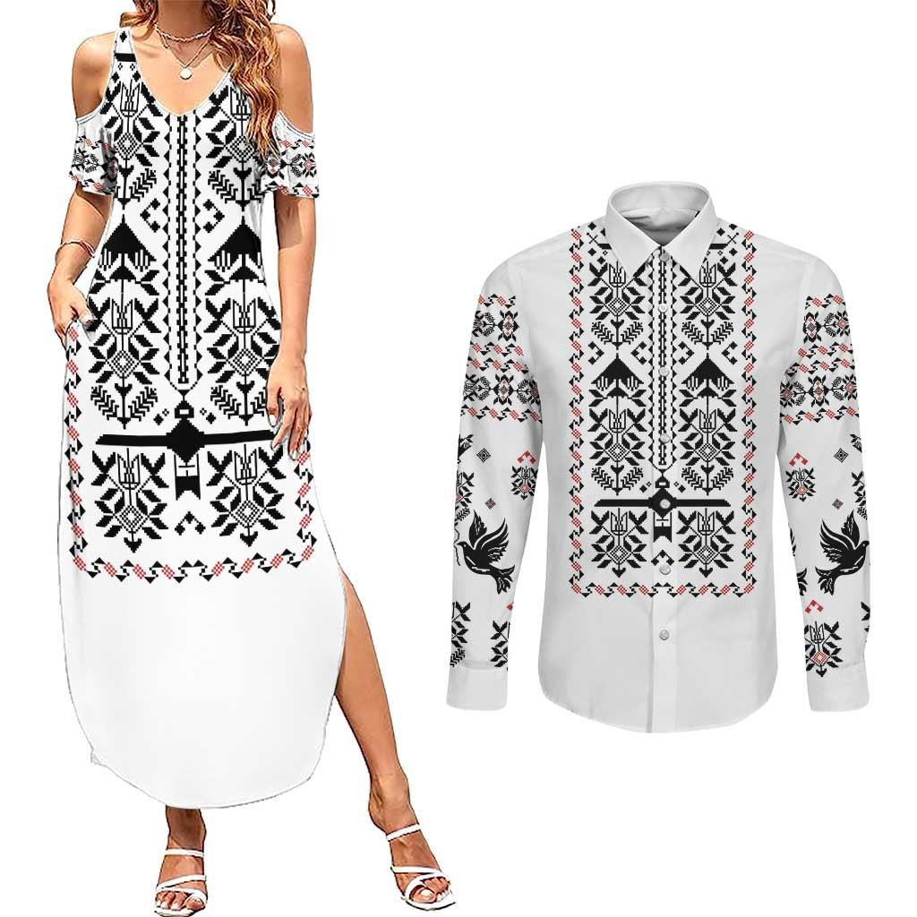 Ukraine Military Vyshyvanka Pattern Couples Matching Summer Maxi Dress and Long Sleeve Button Shirt Ukrainian Heritage White Tactical Style - Wonder Print Shop