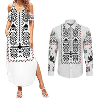Ukraine Military Vyshyvanka Pattern Couples Matching Summer Maxi Dress and Long Sleeve Button Shirt Ukrainian Heritage White Tactical Style - Wonder Print Shop