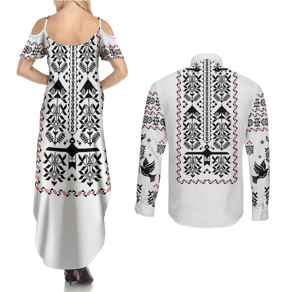 Ukraine Military Vyshyvanka Pattern Couples Matching Summer Maxi Dress and Long Sleeve Button Shirt Ukrainian Heritage White Tactical Style - Wonder Print Shop