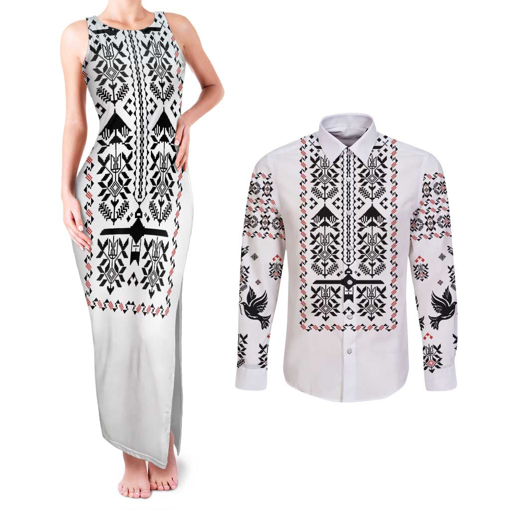 Ukraine Military Vyshyvanka Pattern Couples Matching Tank Maxi Dress and Long Sleeve Button Shirt Ukrainian Heritage White Tactical Style - Wonder Print Shop