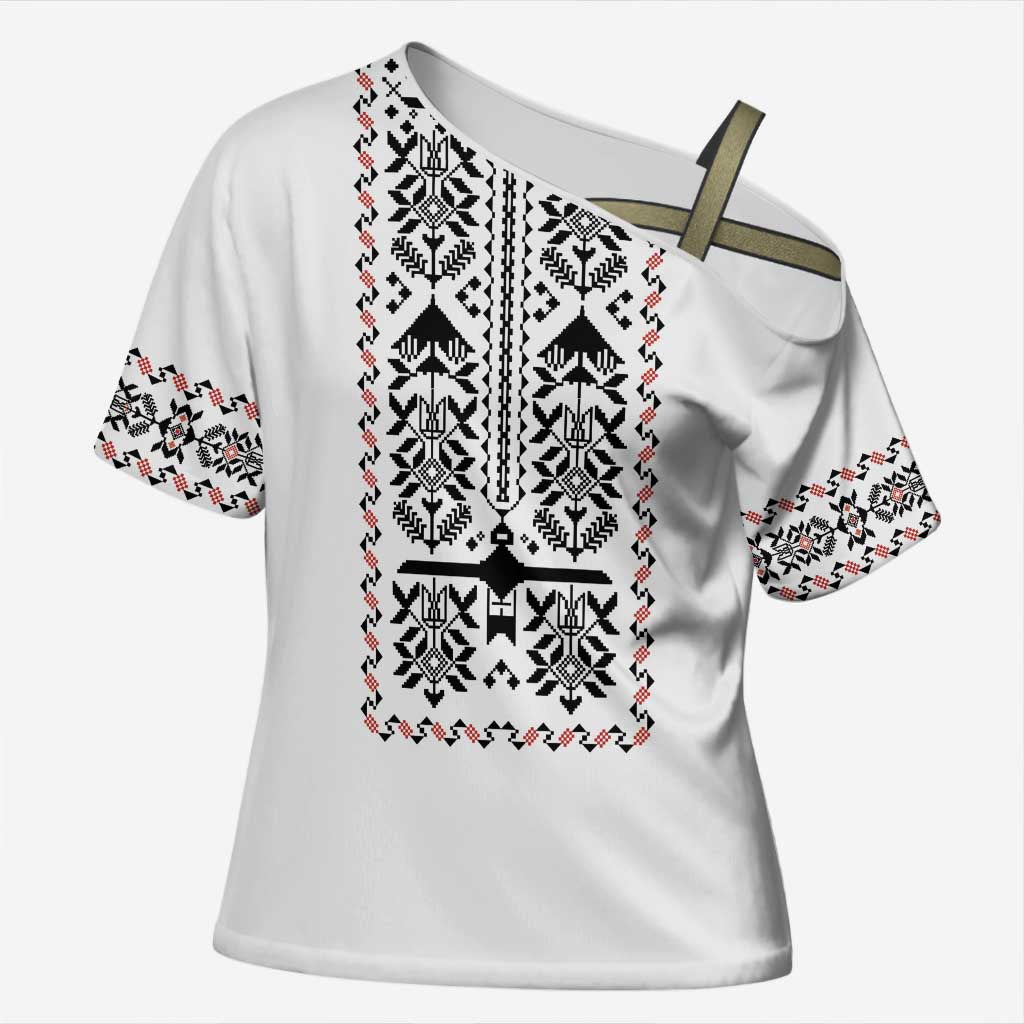 Ukraine Military Vyshyvanka Pattern Cross Shoulder Shirt Ukrainian Heritage White Tactical Style - Wonder Print Shop