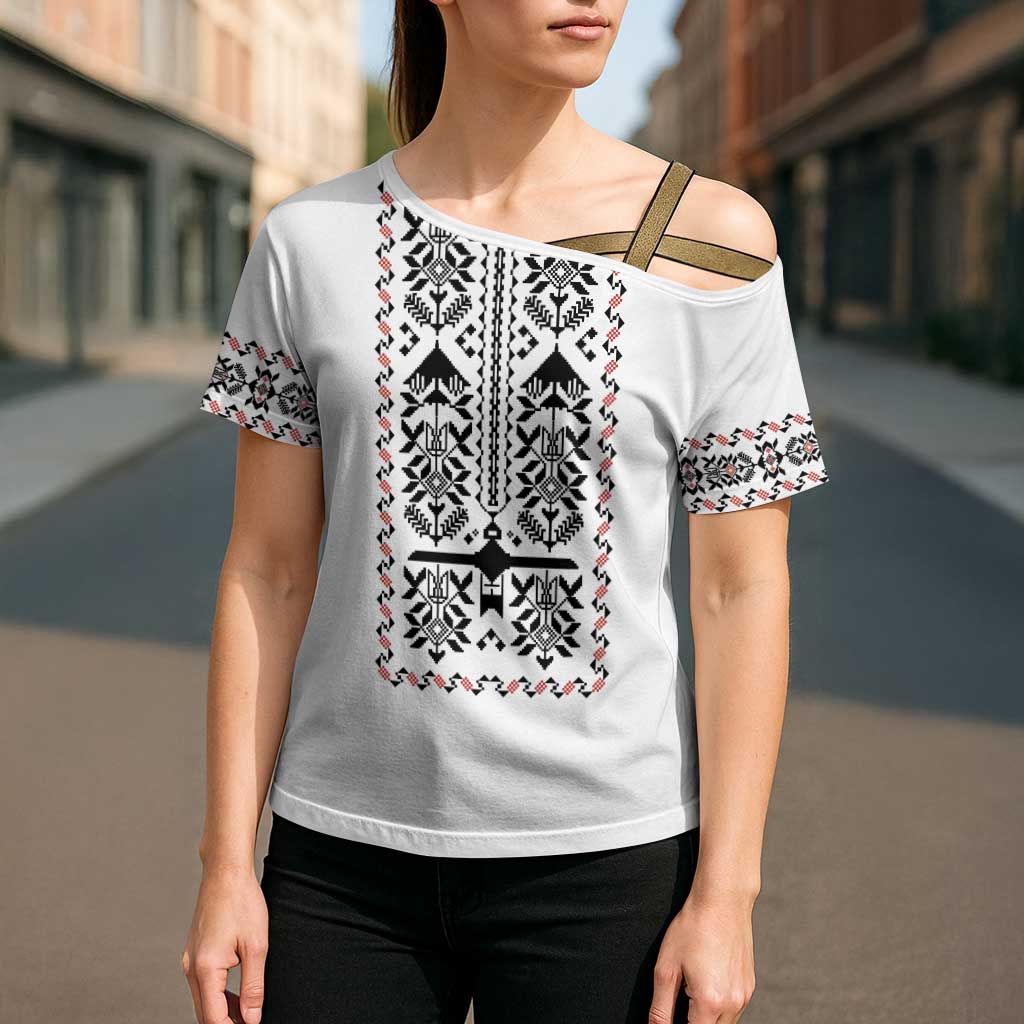 Ukraine Military Vyshyvanka Pattern Cross Shoulder Shirt Ukrainian Heritage White Tactical Style - Wonder Print Shop