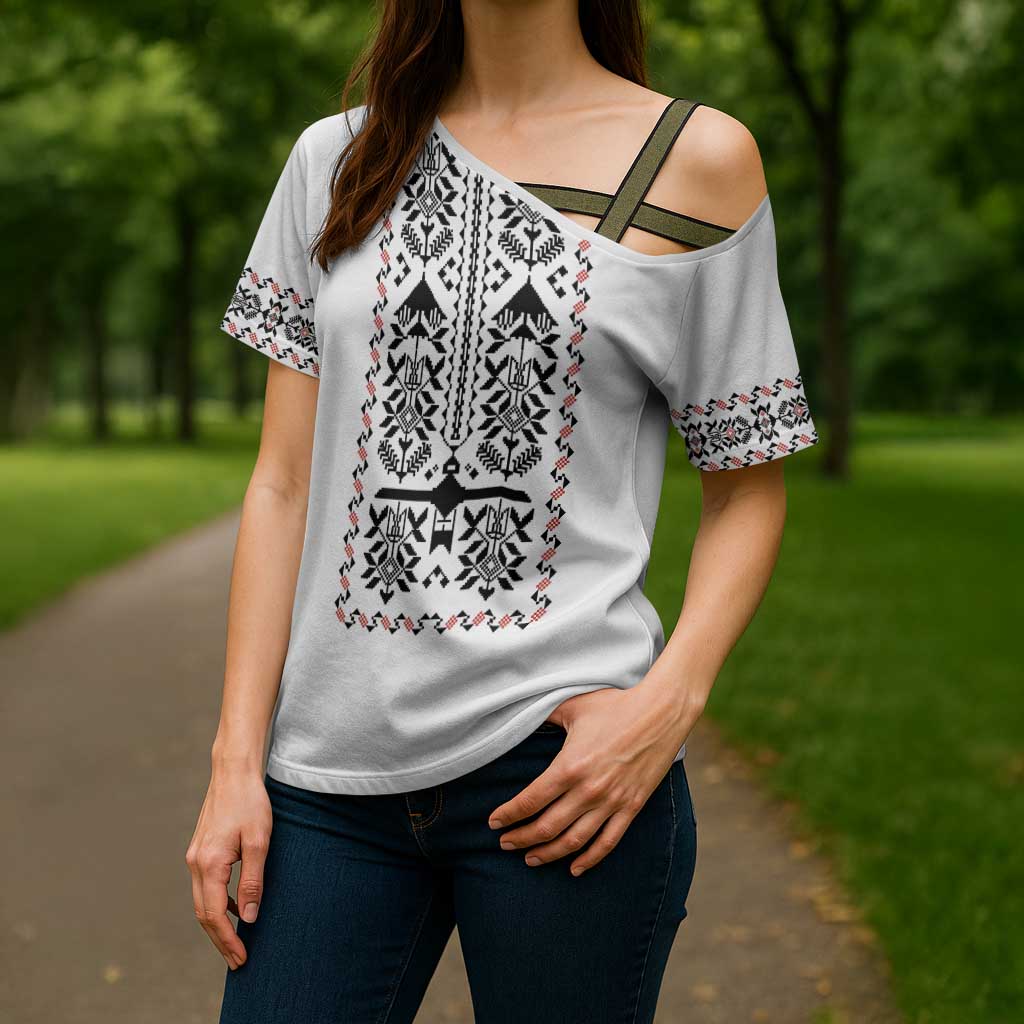 Ukraine Military Vyshyvanka Pattern Cross Shoulder Shirt Ukrainian Heritage White Tactical Style - Wonder Print Shop