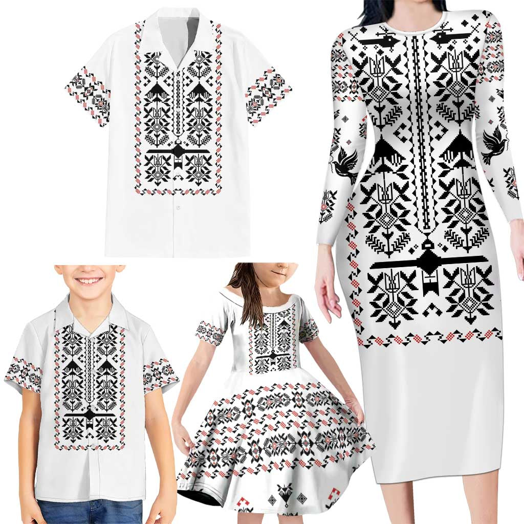 Ukraine Military Vyshyvanka Pattern Family Matching Long Sleeve Bodycon Dress and Hawaiian Shirt Ukrainian Heritage White Tactical Style