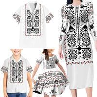 Ukraine Military Vyshyvanka Pattern Family Matching Long Sleeve Bodycon Dress and Hawaiian Shirt Ukrainian Heritage White Tactical Style
