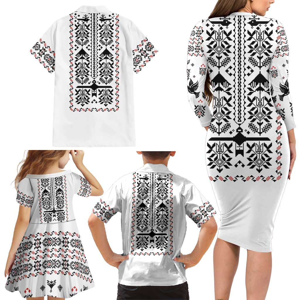 Ukraine Military Vyshyvanka Pattern Family Matching Long Sleeve Bodycon Dress and Hawaiian Shirt Ukrainian Heritage White Tactical Style