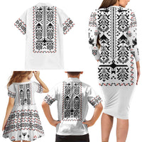 Ukraine Military Vyshyvanka Pattern Family Matching Long Sleeve Bodycon Dress and Hawaiian Shirt Ukrainian Heritage White Tactical Style