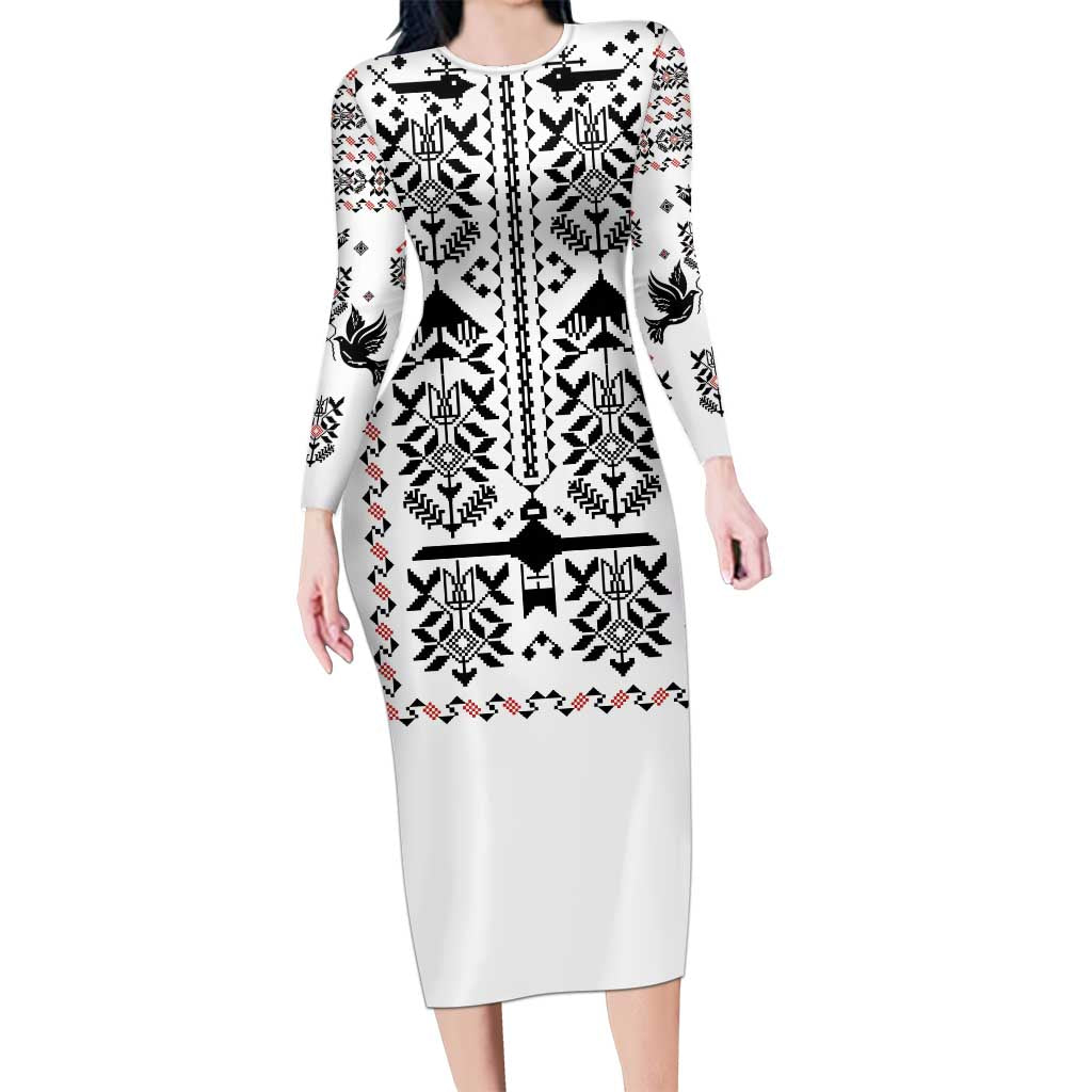 Ukraine Military Vyshyvanka Pattern Family Matching Long Sleeve Bodycon Dress and Hawaiian Shirt Ukrainian Heritage White Tactical Style