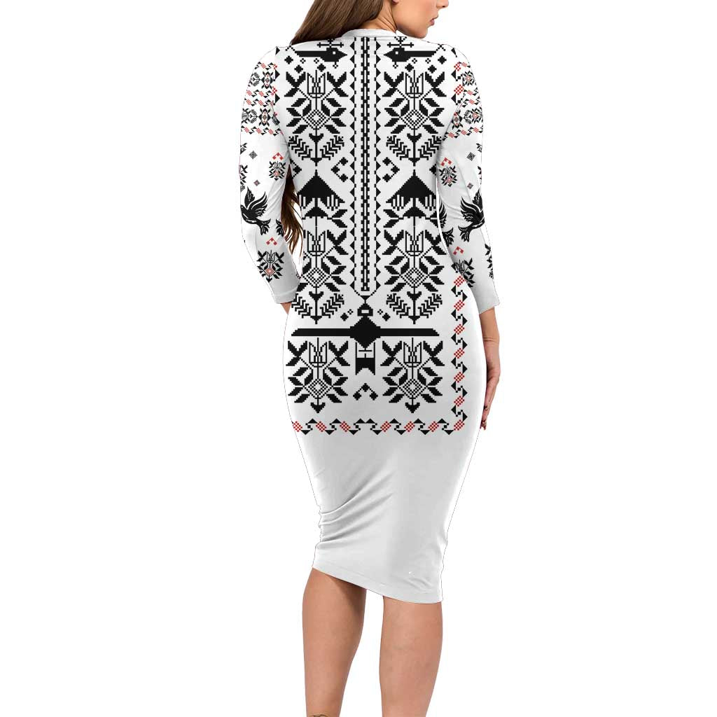 Ukraine Military Vyshyvanka Pattern Family Matching Long Sleeve Bodycon Dress and Hawaiian Shirt Ukrainian Heritage White Tactical Style