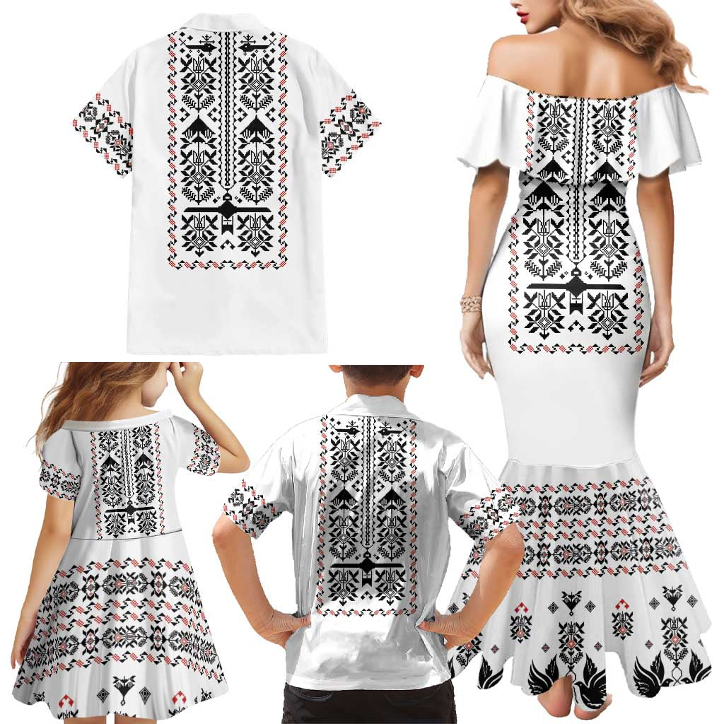 Ukraine Military Vyshyvanka Pattern Family Matching Mermaid Dress and Hawaiian Shirt Ukrainian Heritage White Tactical Style