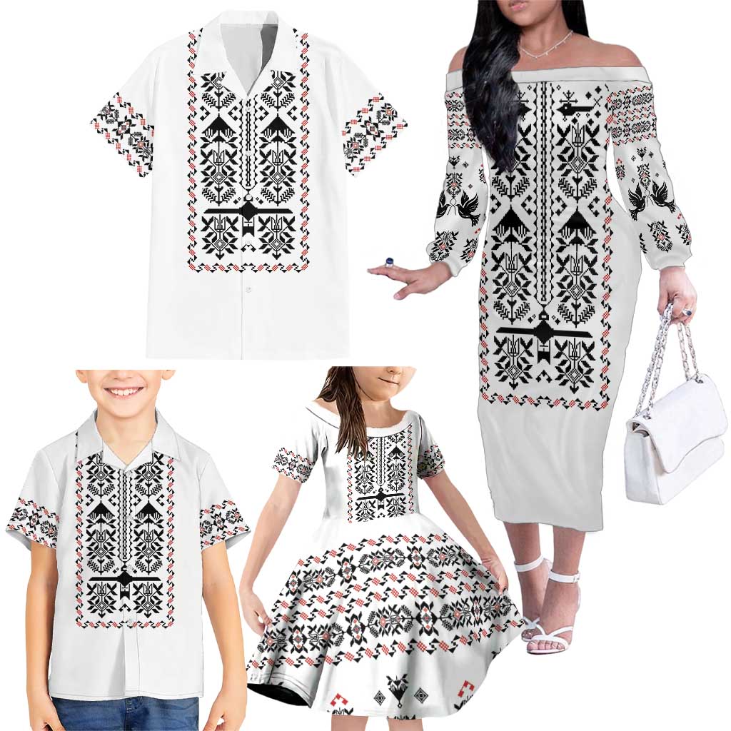 Ukraine Military Vyshyvanka Pattern Family Matching Off The Shoulder Long Sleeve Dress and Hawaiian Shirt Ukrainian Heritage White Tactical Style