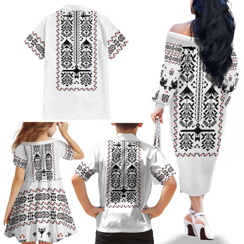 Ukraine Military Vyshyvanka Pattern Family Matching Off The Shoulder Long Sleeve Dress and Hawaiian Shirt Ukrainian Heritage White Tactical Style