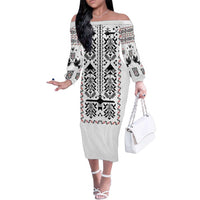 Ukraine Military Vyshyvanka Pattern Family Matching Off The Shoulder Long Sleeve Dress and Hawaiian Shirt Ukrainian Heritage White Tactical Style