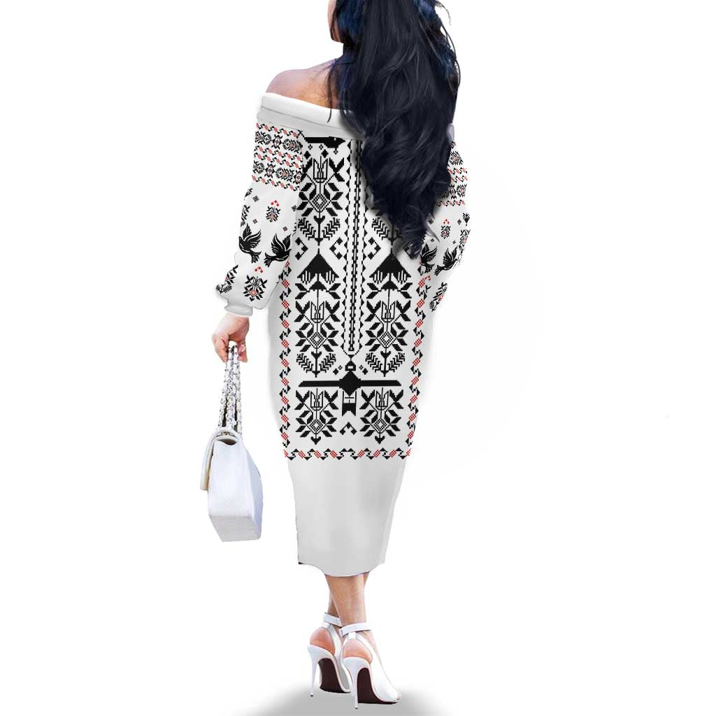 Ukraine Military Vyshyvanka Pattern Family Matching Off The Shoulder Long Sleeve Dress and Hawaiian Shirt Ukrainian Heritage White Tactical Style