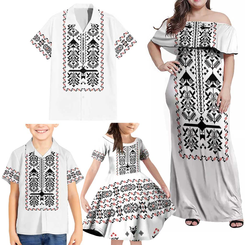 Ukraine Military Vyshyvanka Pattern Family Matching Off Shoulder Maxi Dress and Hawaiian Shirt Ukrainian Heritage White Tactical Style