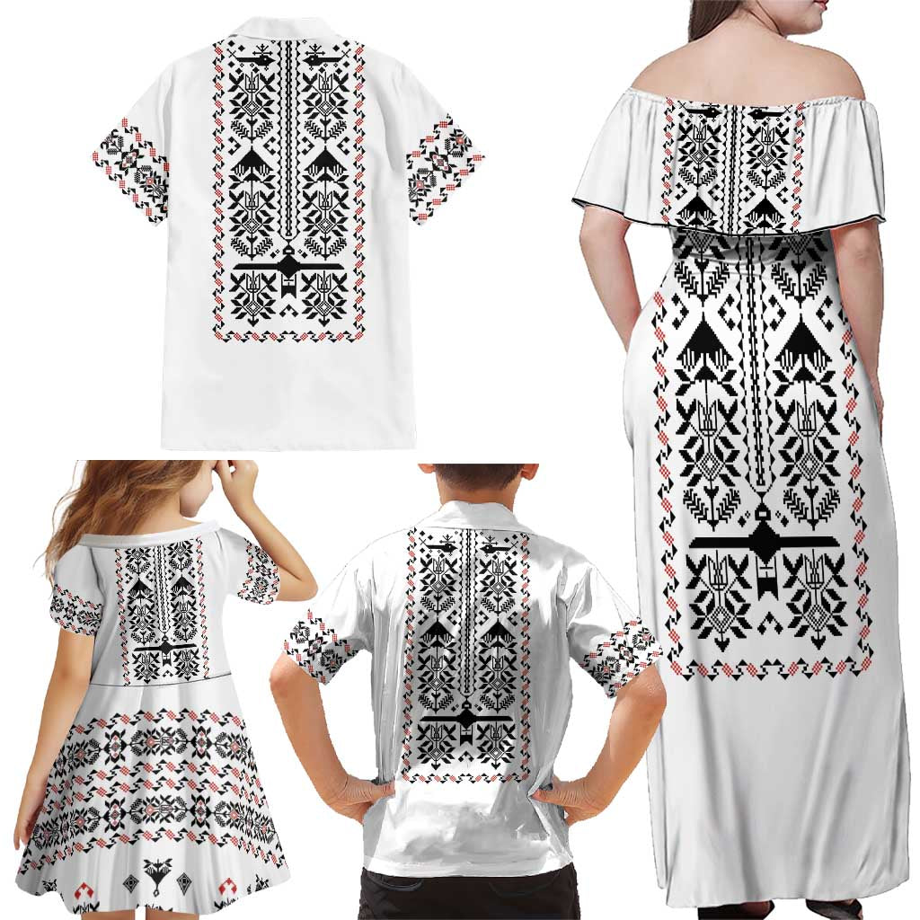 Ukraine Military Vyshyvanka Pattern Family Matching Off Shoulder Maxi Dress and Hawaiian Shirt Ukrainian Heritage White Tactical Style