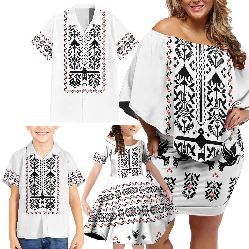 Ukraine Military Vyshyvanka Pattern Family Matching Off Shoulder Short Dress and Hawaiian Shirt Ukrainian Heritage White Tactical Style