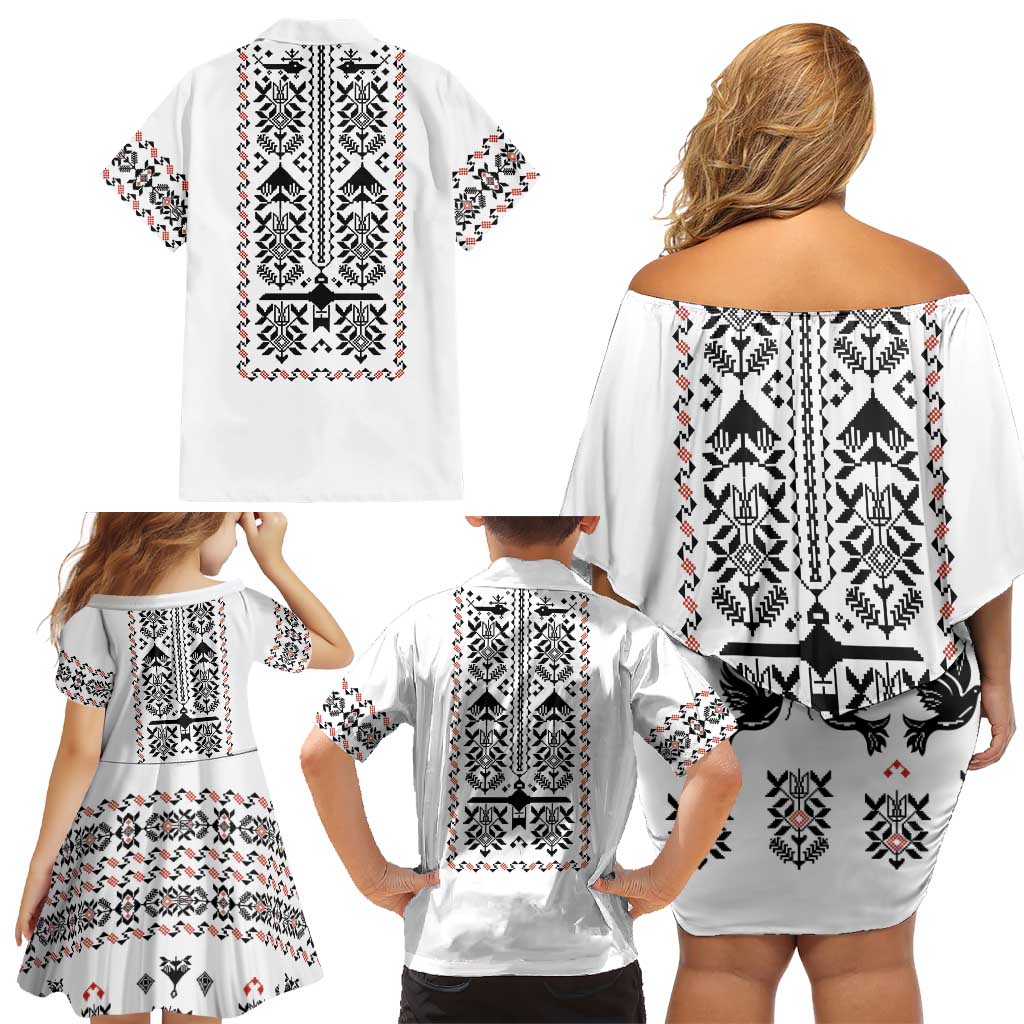 Ukraine Military Vyshyvanka Pattern Family Matching Off Shoulder Short Dress and Hawaiian Shirt Ukrainian Heritage White Tactical Style