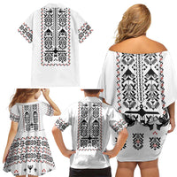 Ukraine Military Vyshyvanka Pattern Family Matching Off Shoulder Short Dress and Hawaiian Shirt Ukrainian Heritage White Tactical Style