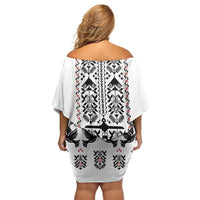 Ukraine Military Vyshyvanka Pattern Family Matching Off Shoulder Short Dress and Hawaiian Shirt Ukrainian Heritage White Tactical Style