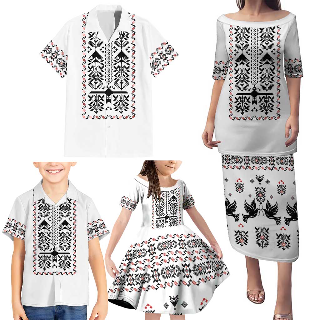 Ukraine Military Vyshyvanka Pattern Family Matching Puletasi and Hawaiian Shirt Ukrainian Heritage White Tactical Style