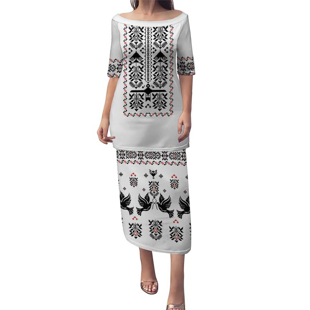 Ukraine Military Vyshyvanka Pattern Family Matching Puletasi and Hawaiian Shirt Ukrainian Heritage White Tactical Style