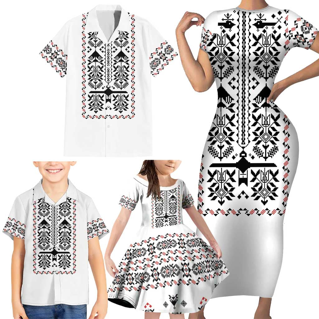 Ukraine Military Vyshyvanka Pattern Family Matching Short Sleeve Bodycon Dress and Hawaiian Shirt Ukrainian Heritage White Tactical Style