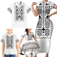 Ukraine Military Vyshyvanka Pattern Family Matching Short Sleeve Bodycon Dress and Hawaiian Shirt Ukrainian Heritage White Tactical Style