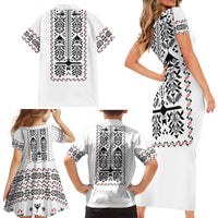 Ukraine Military Vyshyvanka Pattern Family Matching Short Sleeve Bodycon Dress and Hawaiian Shirt Ukrainian Heritage White Tactical Style