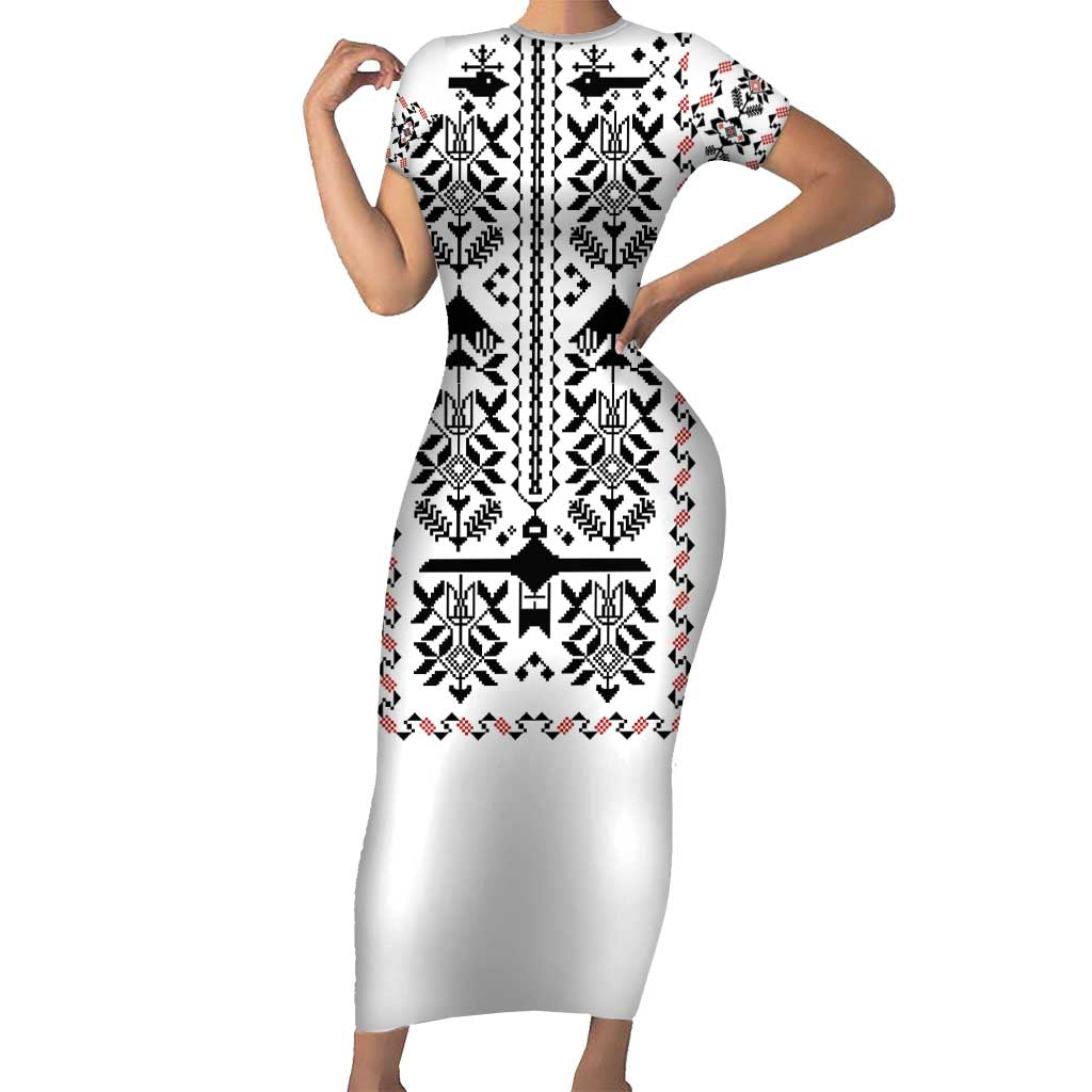 Ukraine Military Vyshyvanka Pattern Family Matching Short Sleeve Bodycon Dress and Hawaiian Shirt Ukrainian Heritage White Tactical Style
