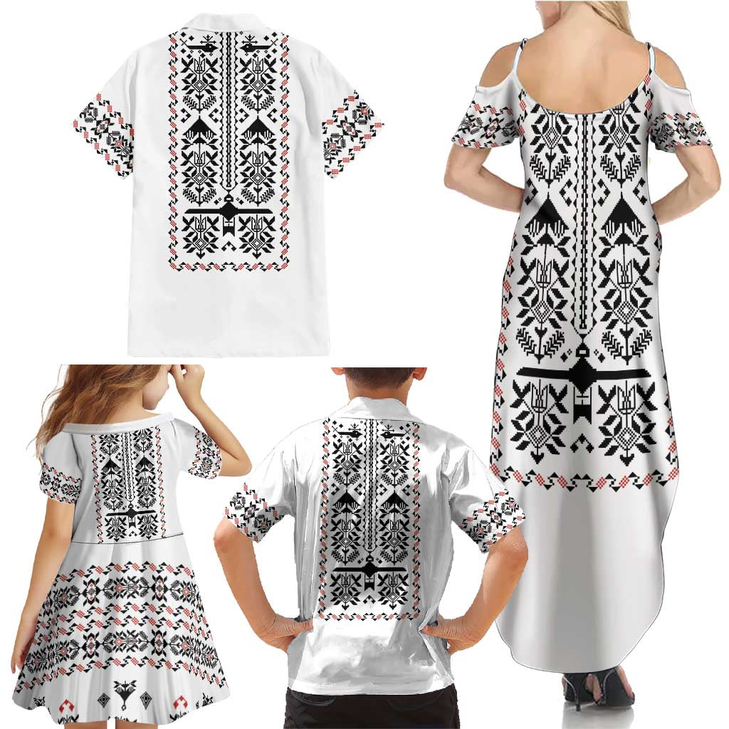 Ukraine Military Vyshyvanka Pattern Family Matching Summer Maxi Dress and Hawaiian Shirt Ukrainian Heritage White Tactical Style