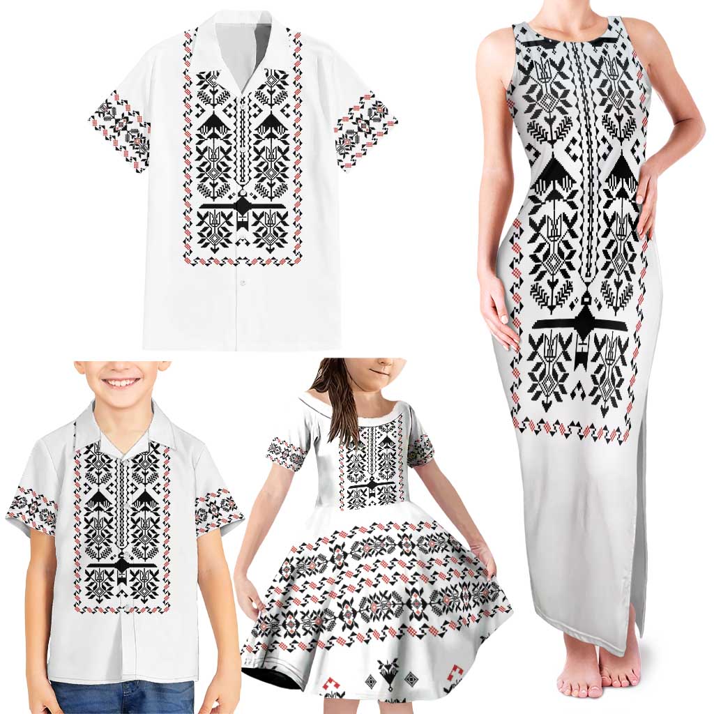 Ukraine Military Vyshyvanka Pattern Family Matching Tank Maxi Dress and Hawaiian Shirt Ukrainian Heritage White Tactical Style