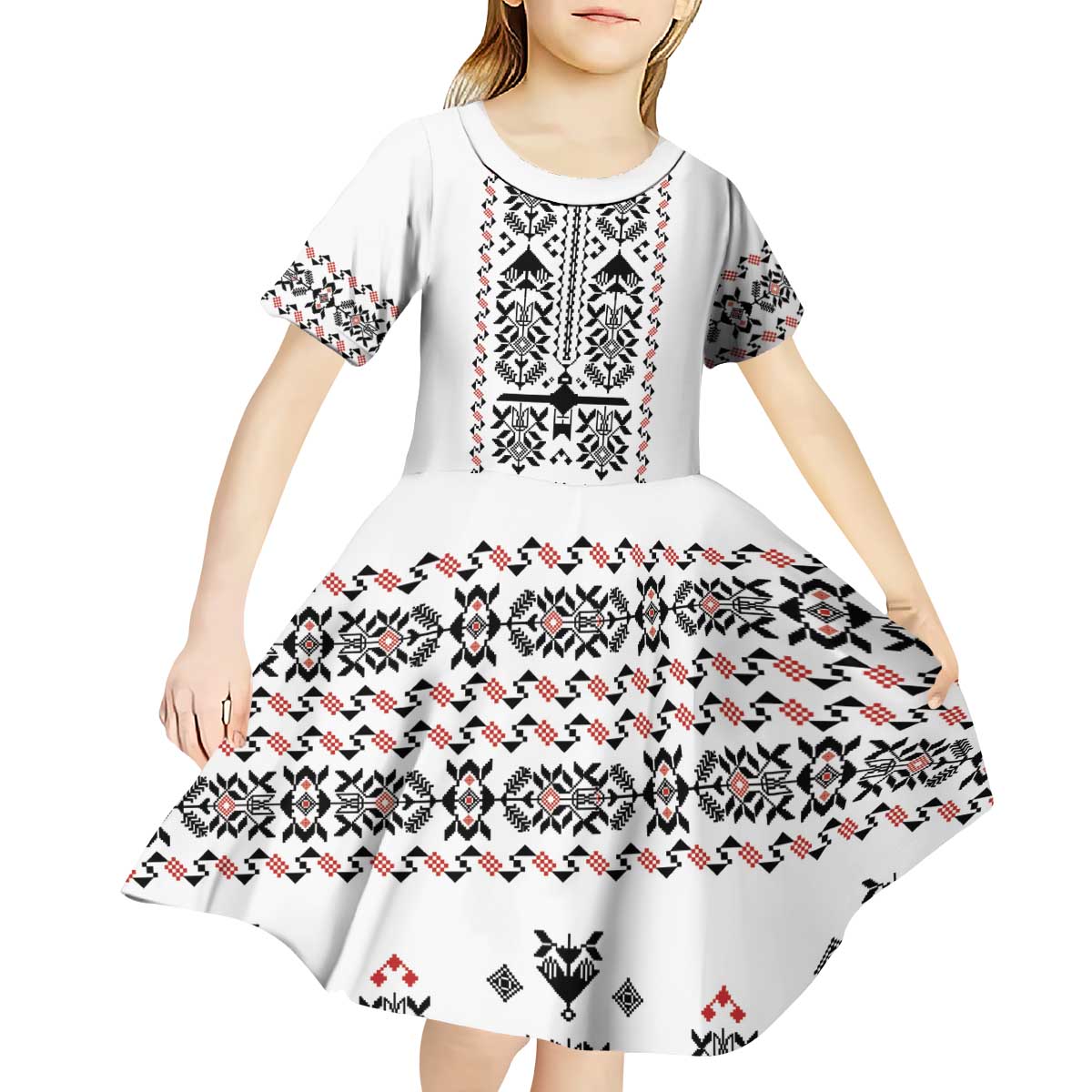 Ukraine Military Vyshyvanka Pattern Kid Short Sleeve Dress Ukrainian Heritage White Tactical Style - Wonder Print Shop