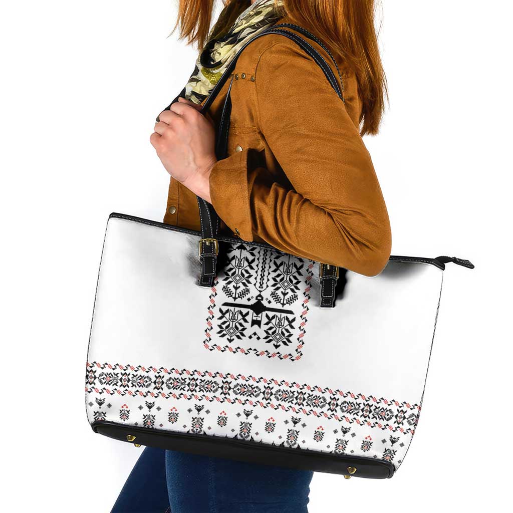Ukraine Military Vyshyvanka Pattern Leather Tote Bag Ukrainian Heritage White Tactical Style - Wonder Print Shop