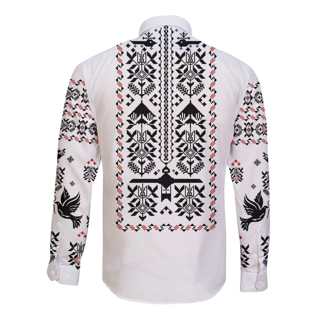 Ukraine Military Vyshyvanka Pattern Long Sleeve Button Shirt Ukrainian Heritage White Tactical Style - Wonder Print Shop