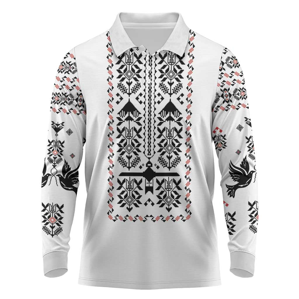 Ukraine Military Vyshyvanka Pattern Long Sleeve Polo Shirt Ukrainian Heritage White Tactical Style - Wonder Print Shop