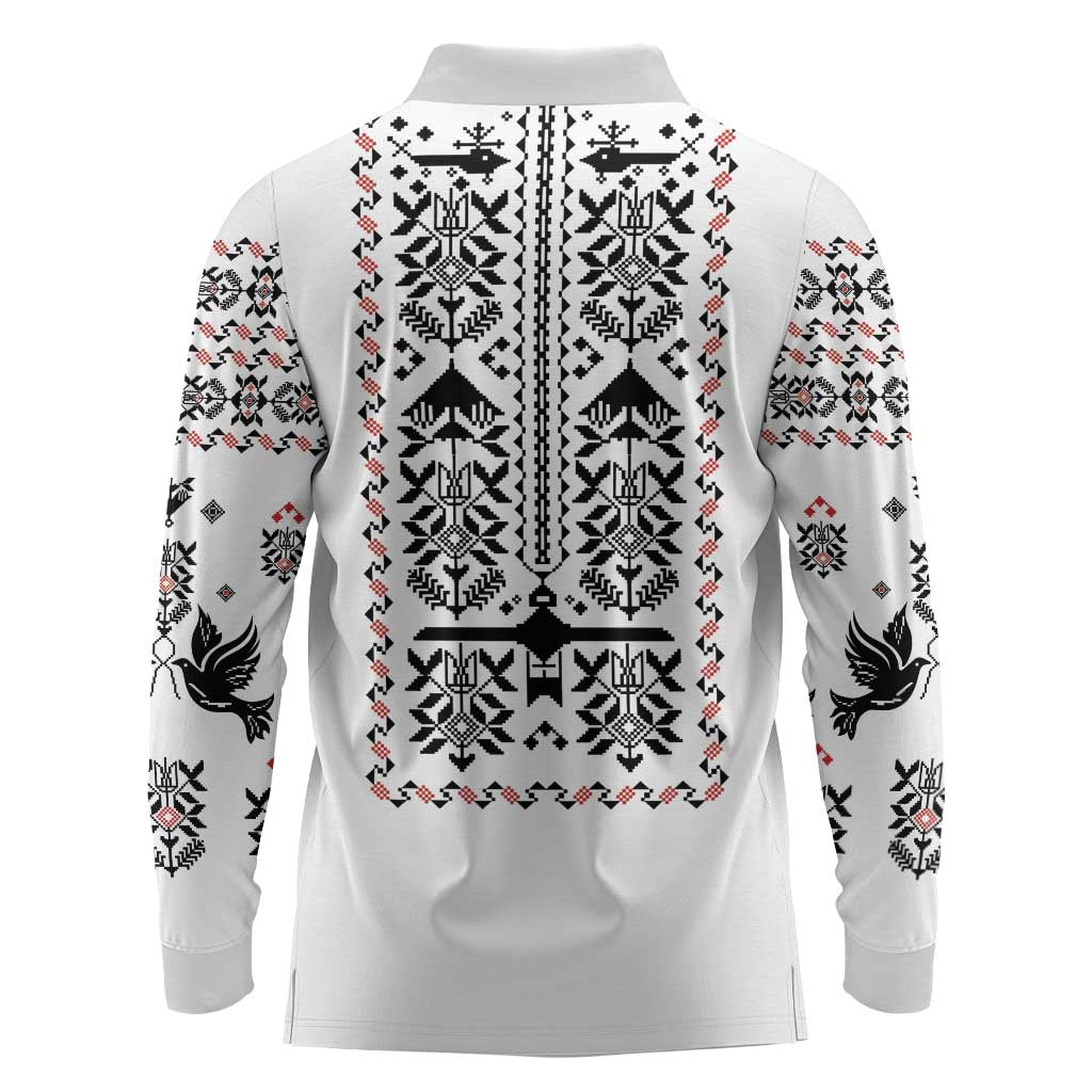 Ukraine Military Vyshyvanka Pattern Long Sleeve Polo Shirt Ukrainian Heritage White Tactical Style - Wonder Print Shop