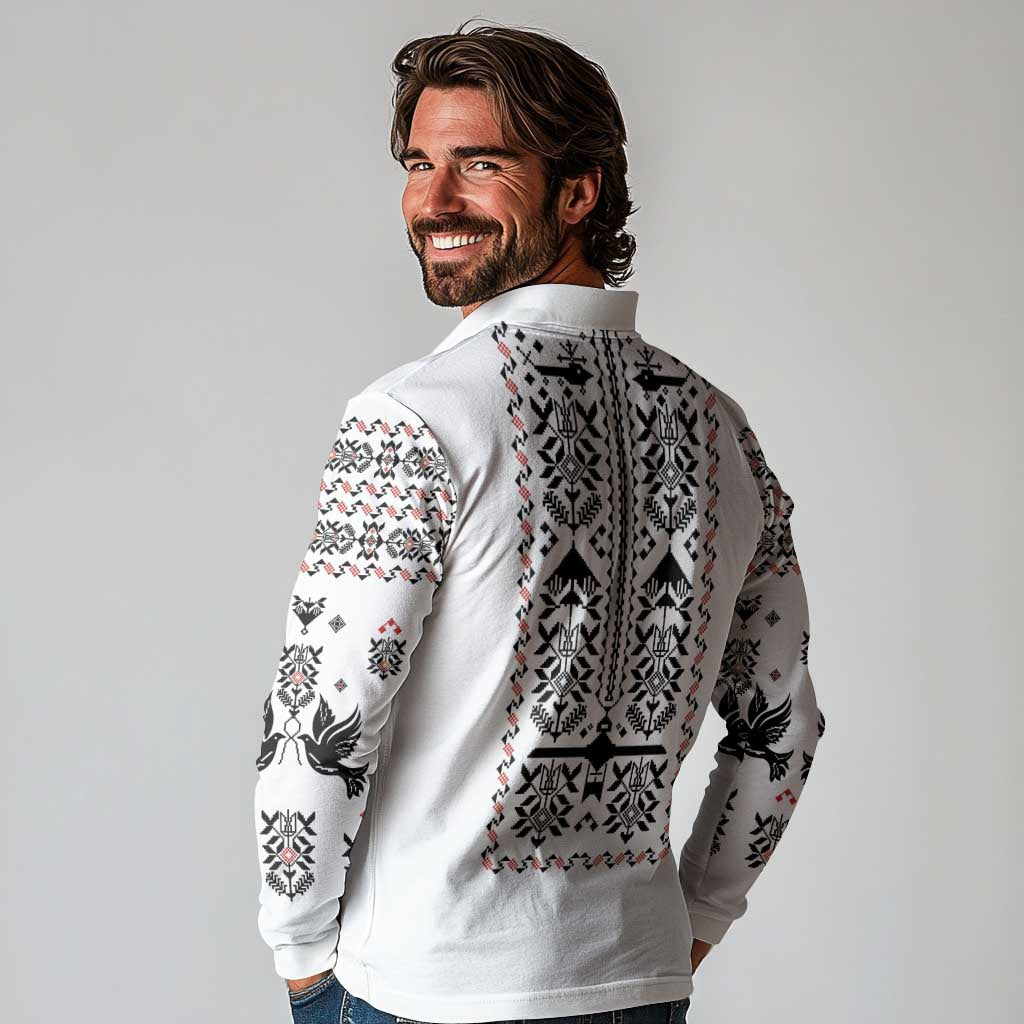 Ukraine Military Vyshyvanka Pattern Long Sleeve Polo Shirt Ukrainian Heritage White Tactical Style - Wonder Print Shop