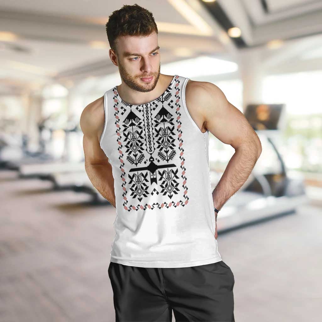 Ukraine Military Vyshyvanka Pattern Men Tank Top Ukrainian Heritage White Tactical Style - Wonder Print Shop